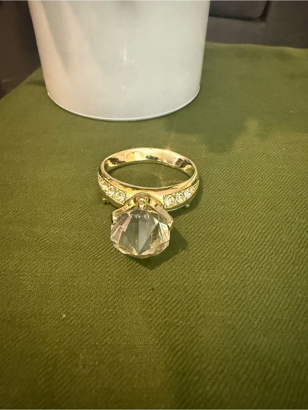 Gold-Tone Clear Crystal Solitaire Ring with Pavé Accent brooch